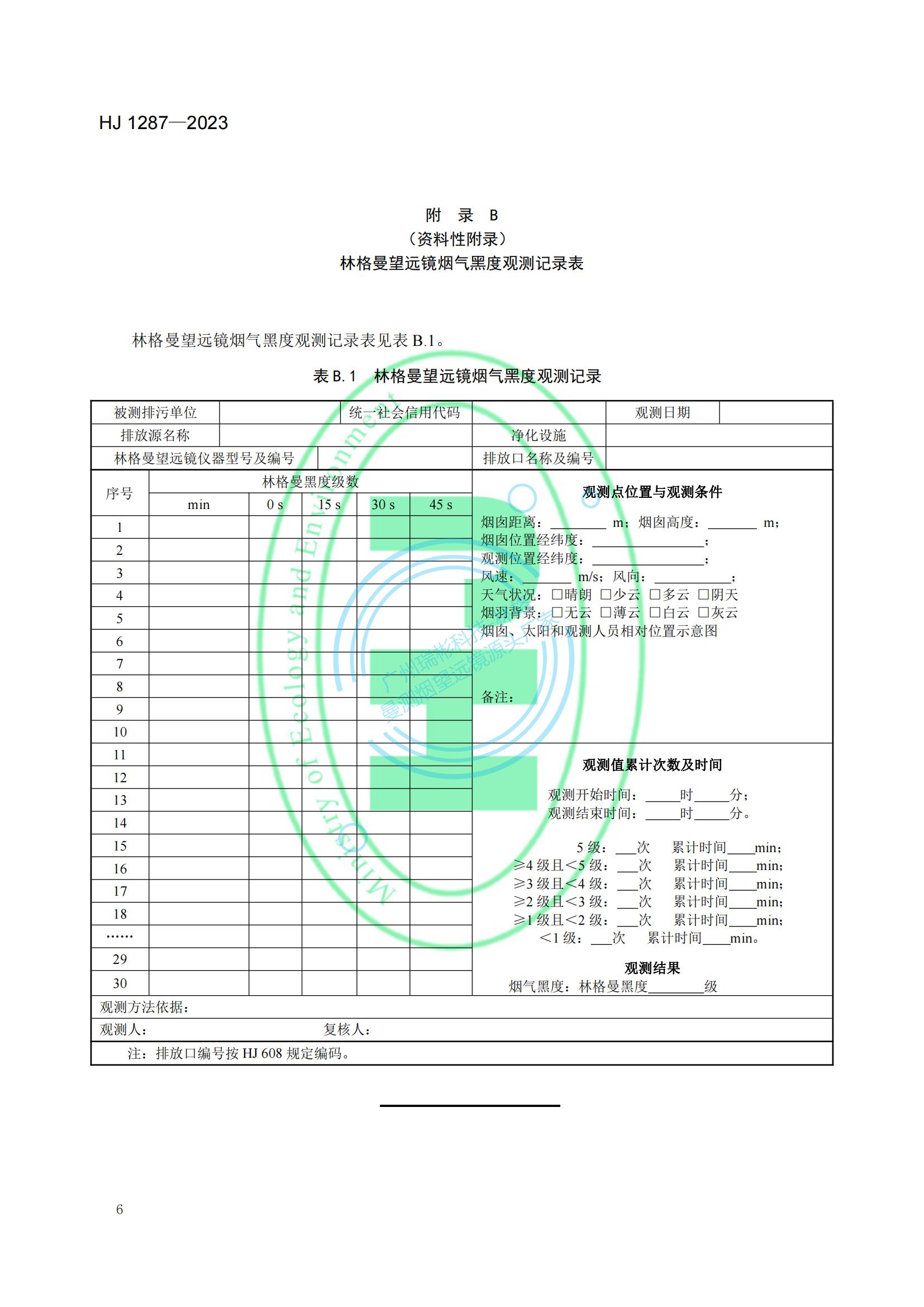 HJ 1287-2023《固定污染源廢氣 煙氣黑度的測定 林格曼望遠鏡法